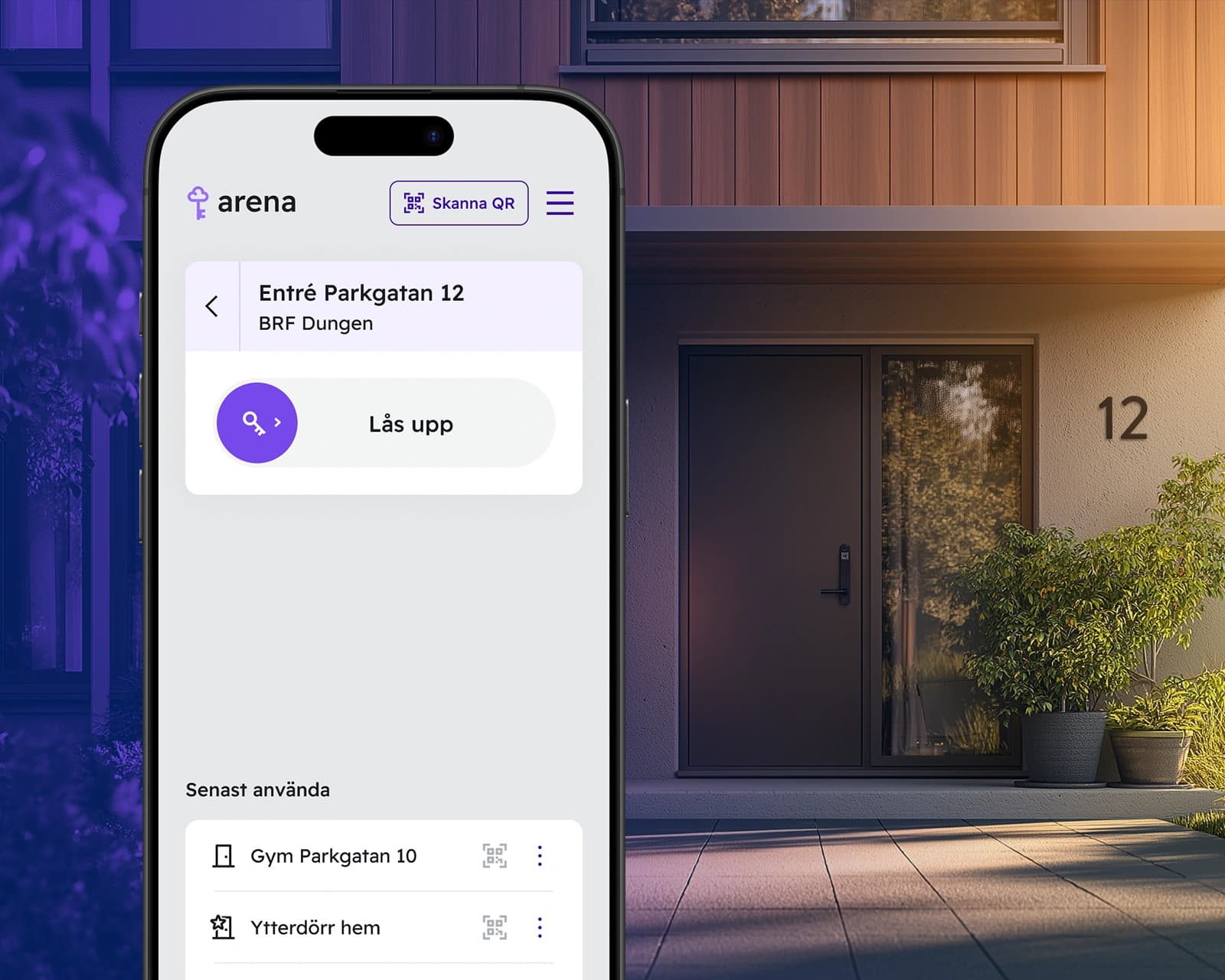 A thumbnail for the Smrtec Arena project. A mobile phone showing the Arena Access interface in front of an image of the entrance to an apartment building.
