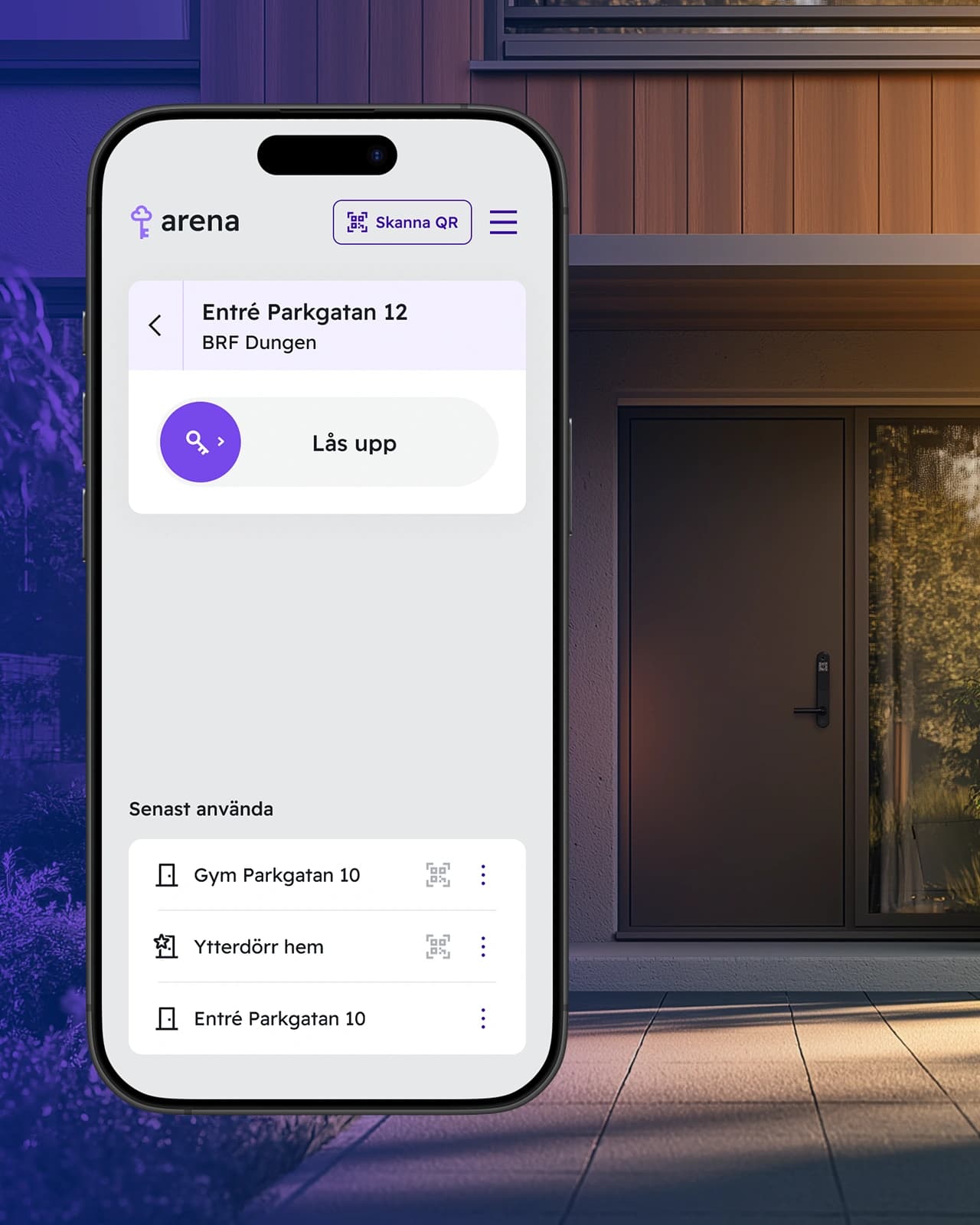 A thumbnail for the Smrtec Arena project. A mobile phone showing the Arena Access interface in front of an image of the entrance to an apartment building.