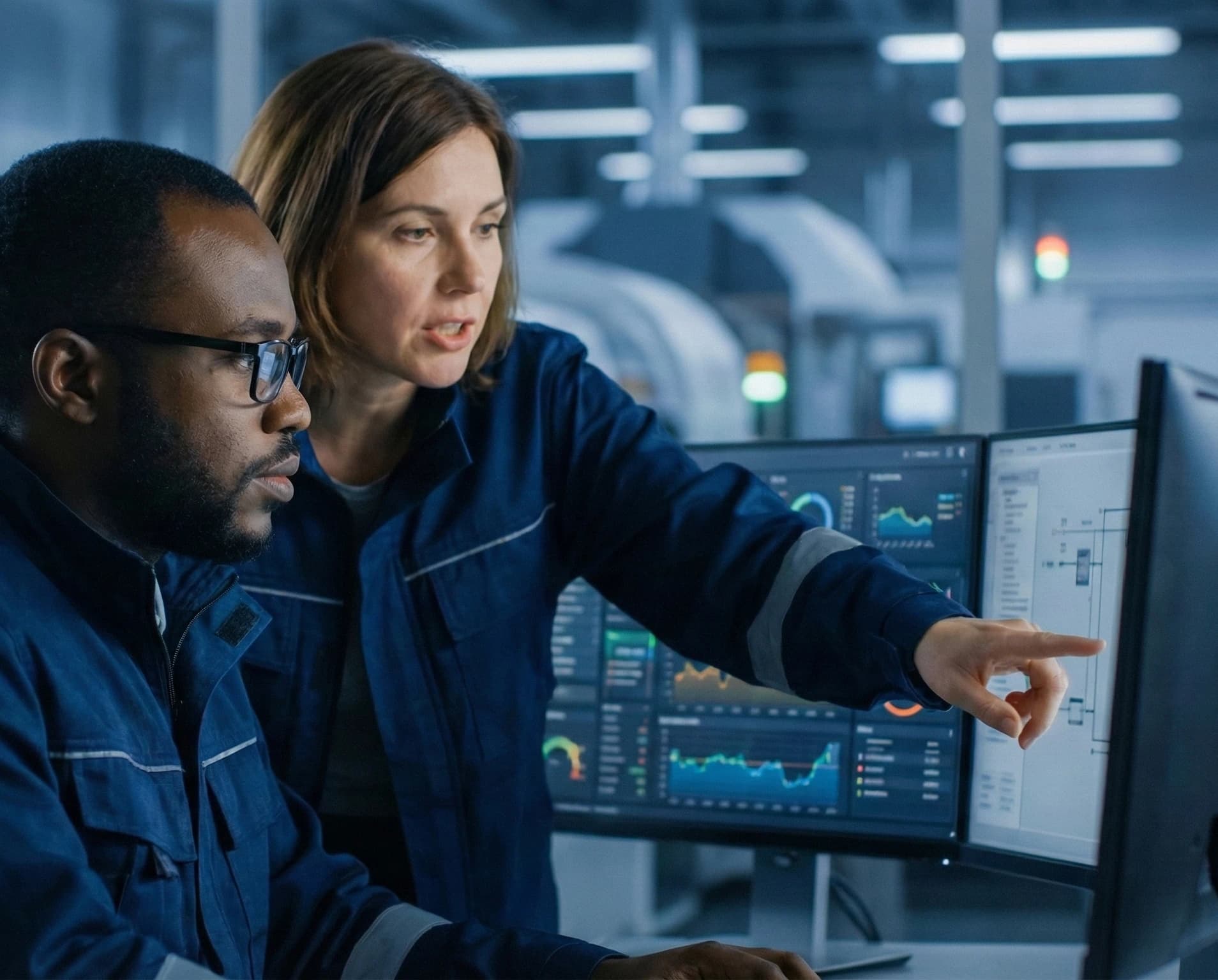 Two employees in an industrial setting discussing a user interface displayed on a computer monitor