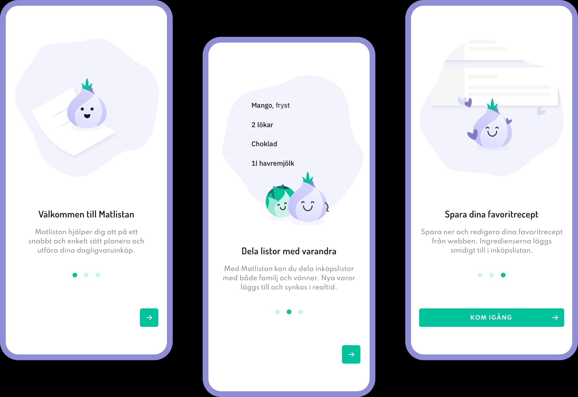Matlistan phone ui screens