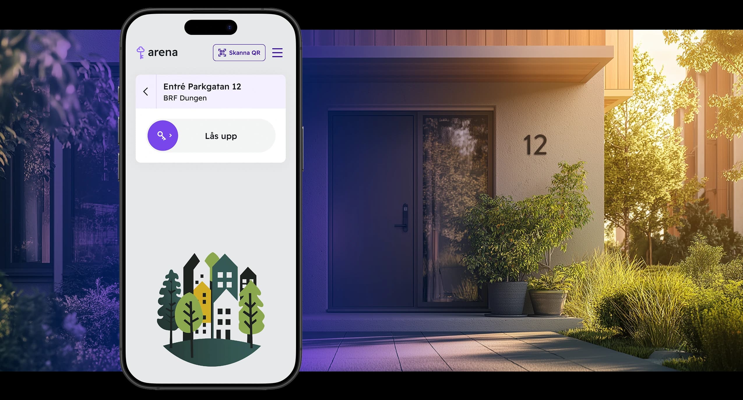A phone showing the Arena Unlock screen. In the background, the entrance of an apartment building can be seen.