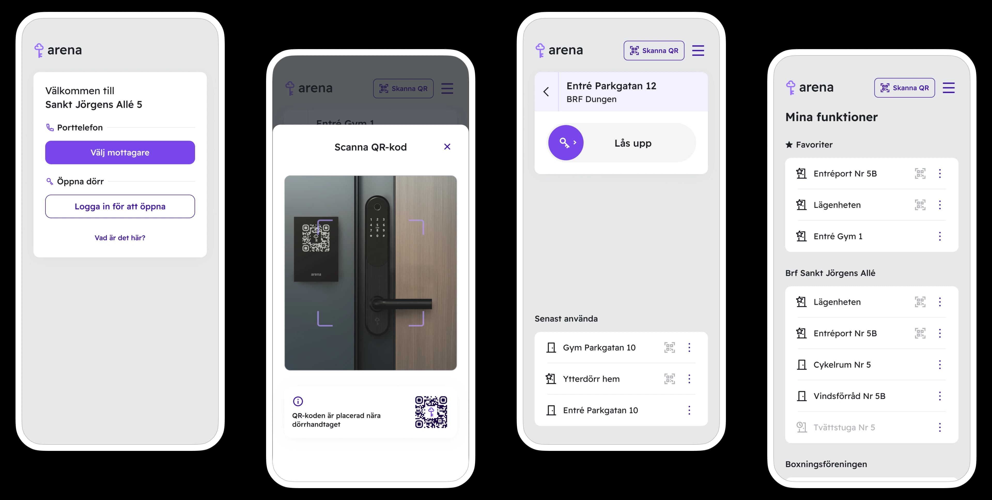 Four phones showing the user interface of Arena Access