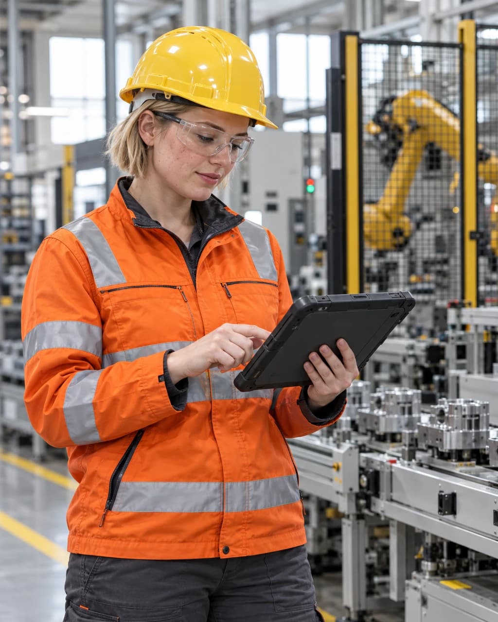 A young operator in a hard hat and safety glasses using a tablet on a production line