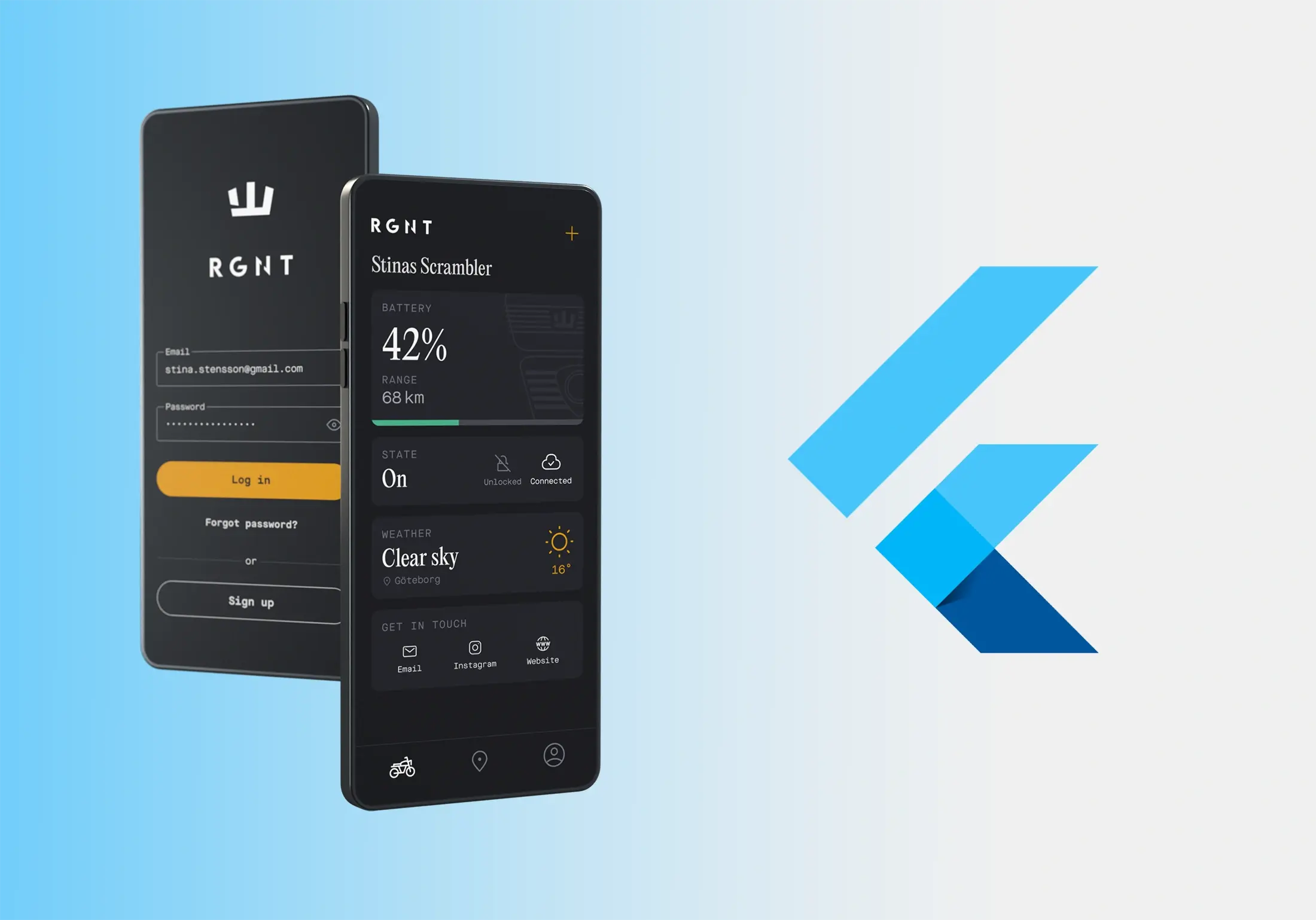 RGNT-appens inloggning och dashboard i mobiler bredvid Flutter-loggan
