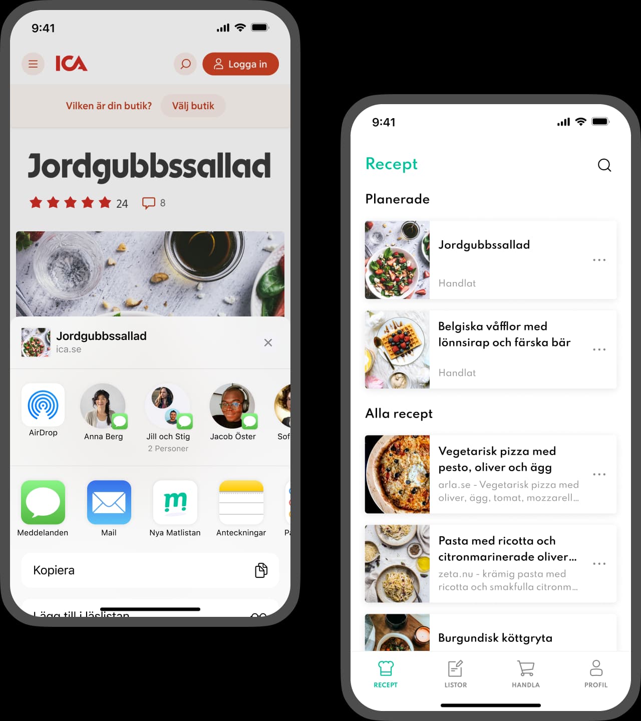 Matlistan collect recipes ui