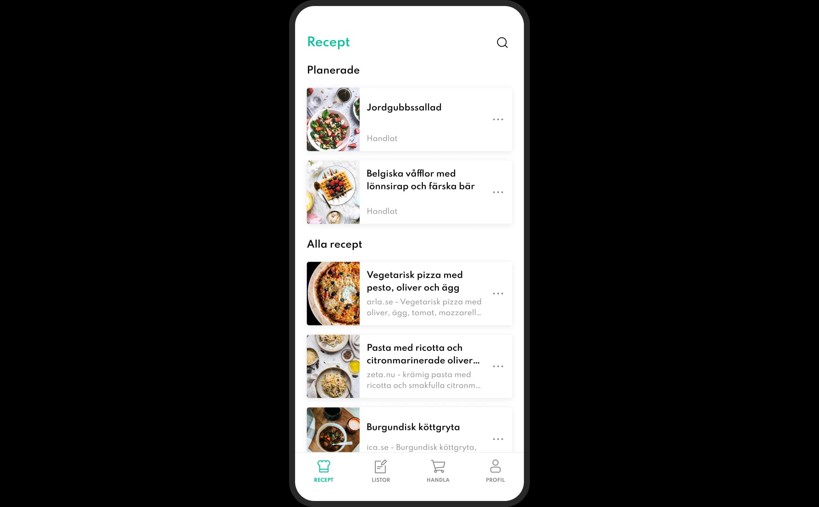 Matlistan phone recipe ui