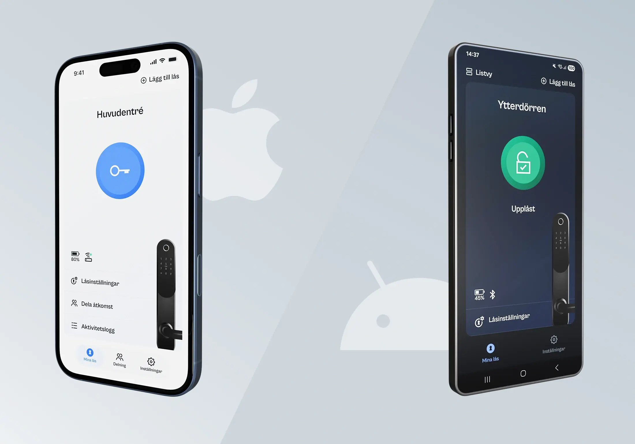 Smart lås-app på iPhone och Android-telefon med Apple- och Android-loggor i bakgrunden