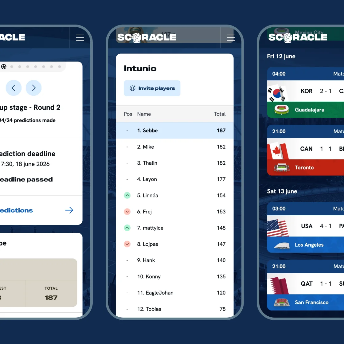 Startsidan i Scoracle med kommande matcher att tippa