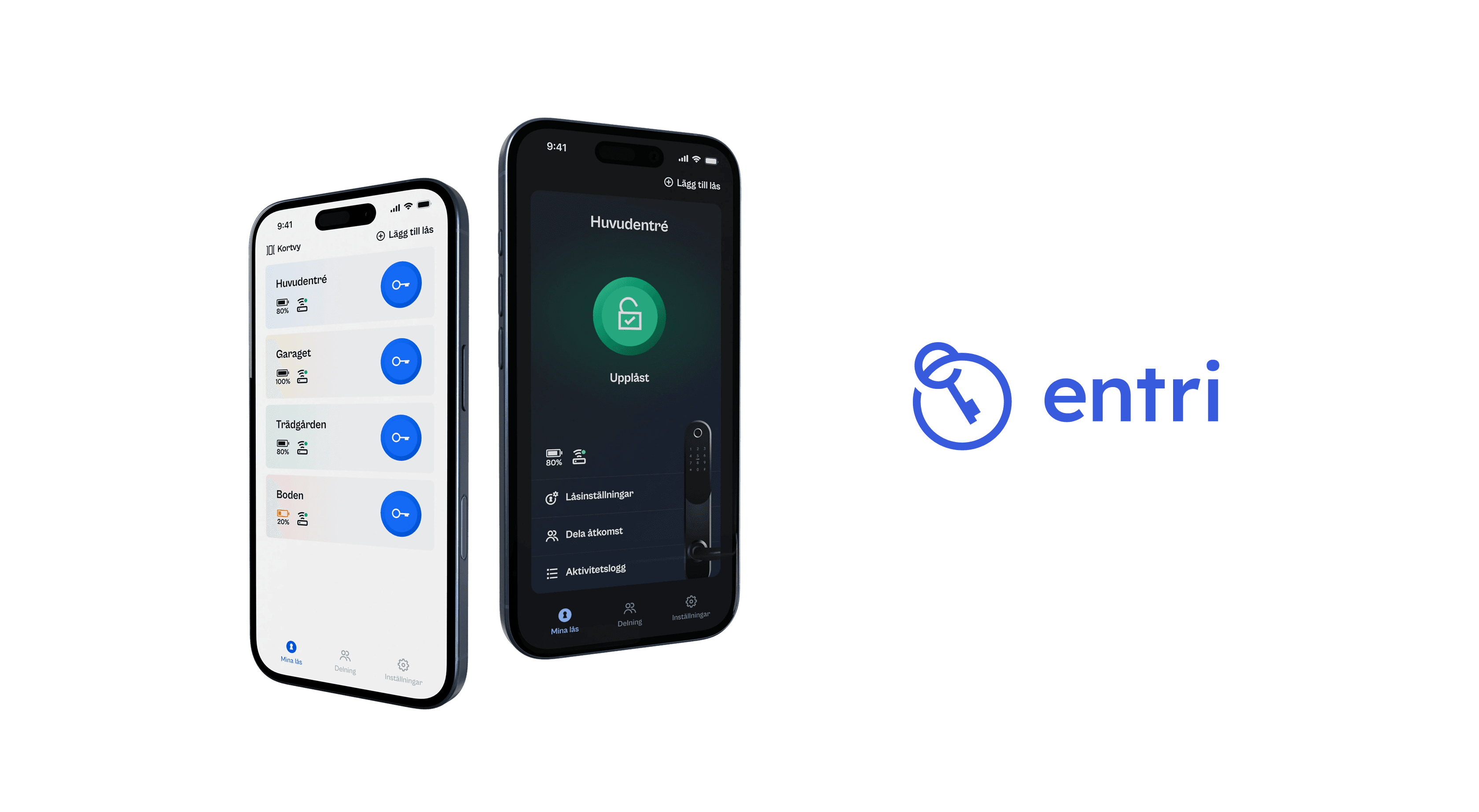 Two mobile phones showing the entri app alongside the entri logotype