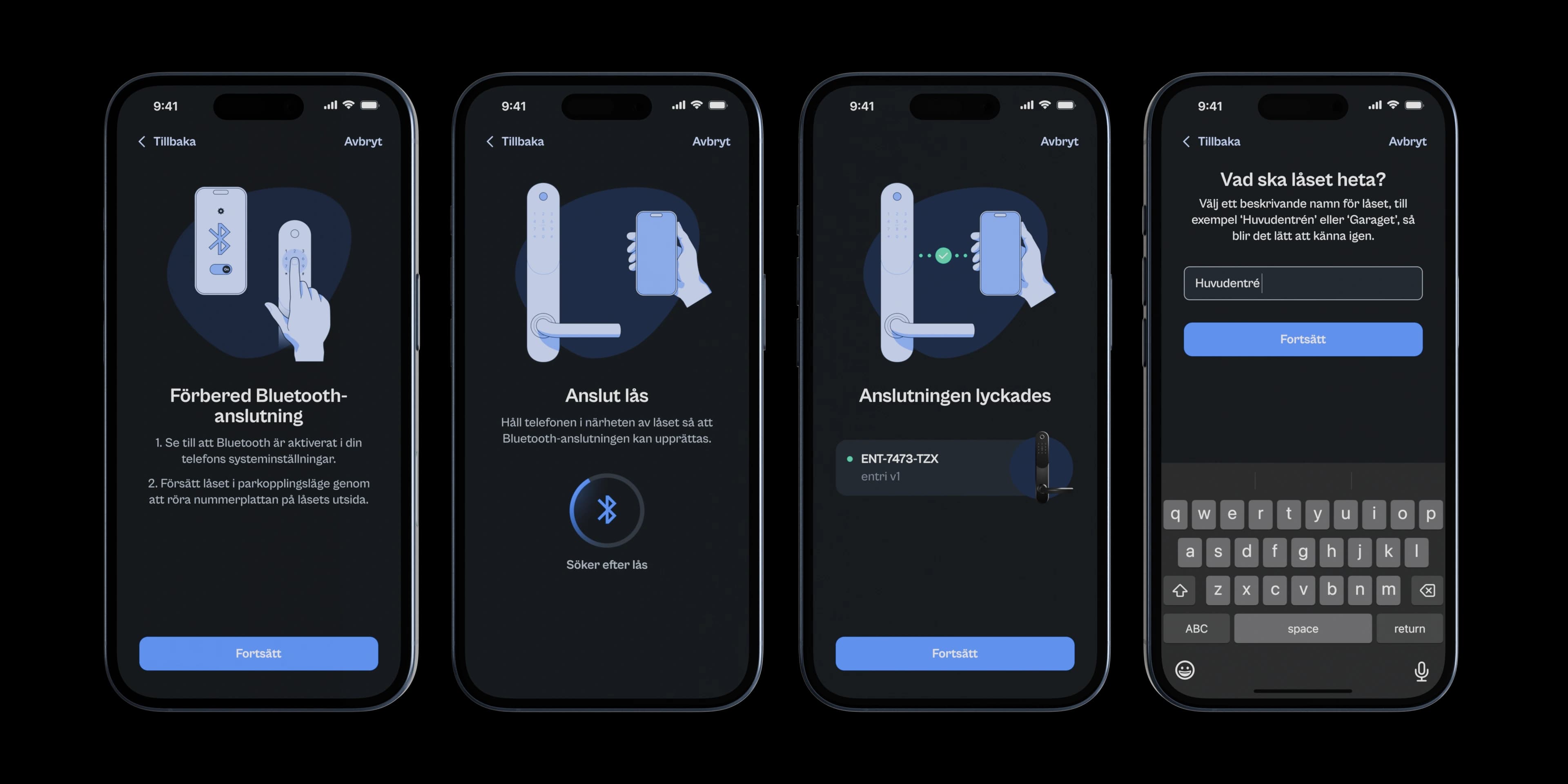 A series of phone views showing the connect device flow of the entri app