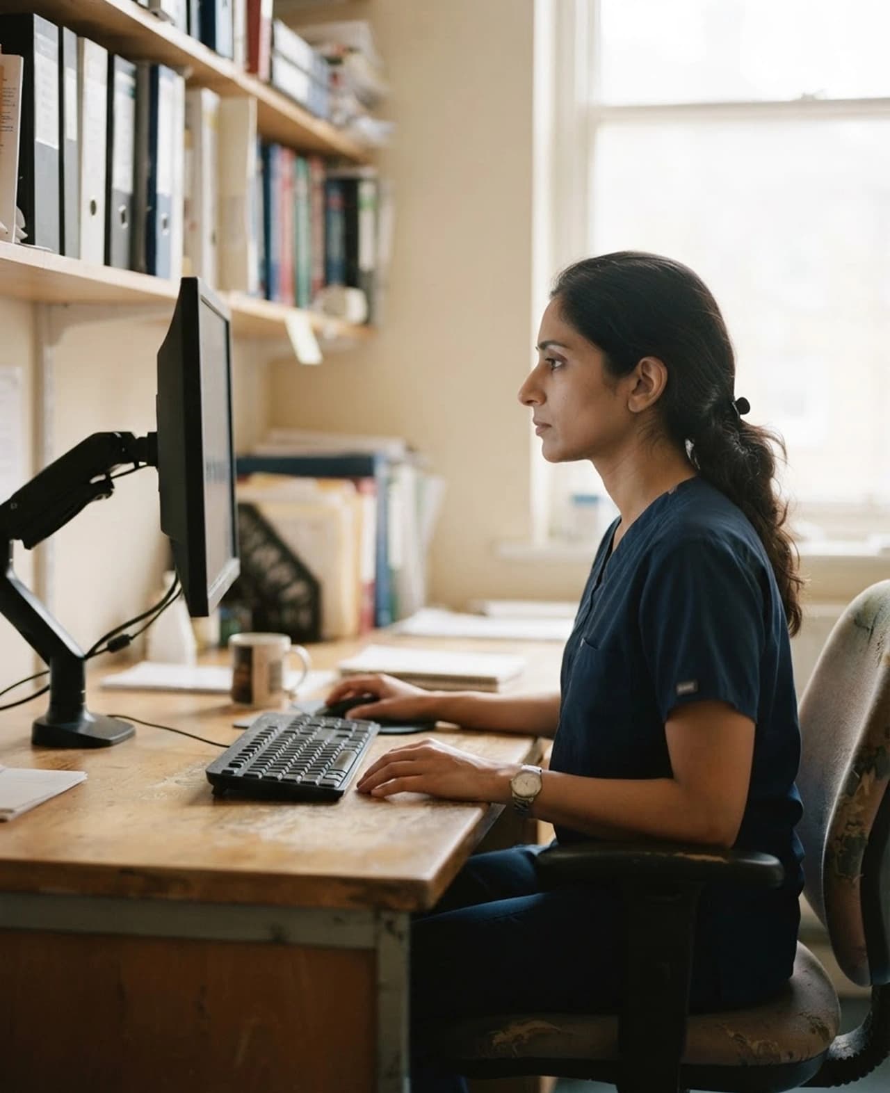 A clinician at a planning workstation, using keyboard and mouse