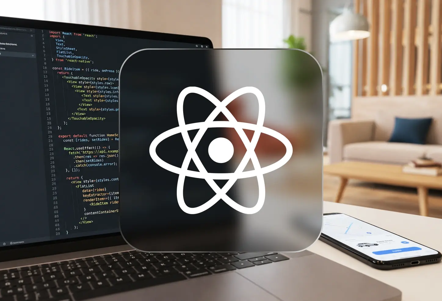 React Native-kod på en laptop med React-loggan i förgrunden