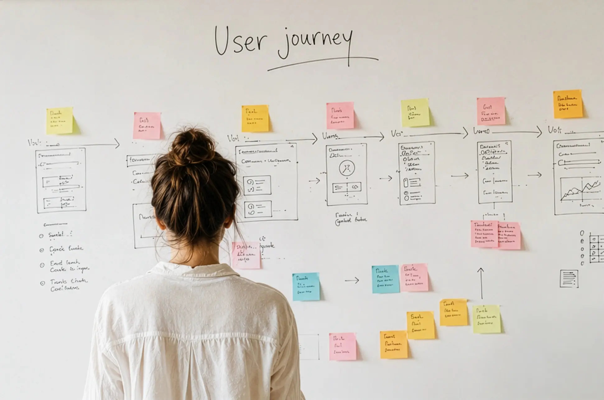 Designer framför whiteboard med user journey-kartläggning i post-it-lappar och skisser