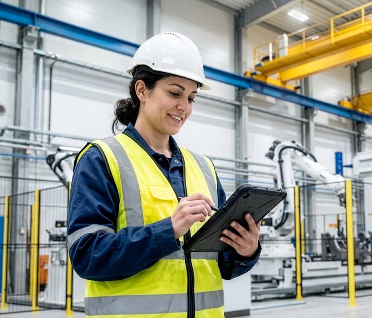 A female worker in an industrial setting using a tablet computer